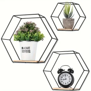 HexaDisplay - Set van 3 Vintage Zeshoekige Zwevende Planken met Massief Houten Basis