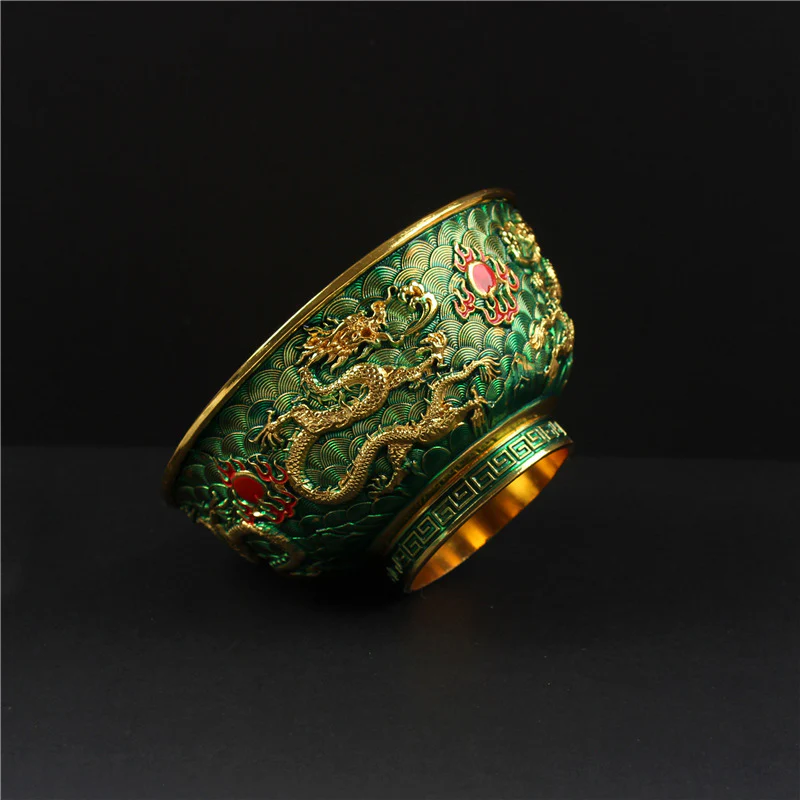 DragonBowl - Vintage Gouden Kom met Antieke Gesneden Dubbele Draken voor Huisdecoratie - Afbeelding 3