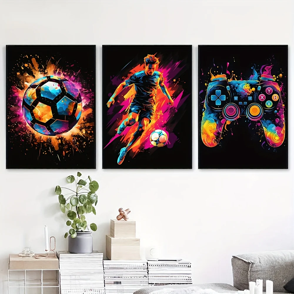 3-delige Canvas Poster Set - Modern Art, Abstract Voetbal Poster, Decoratieve Game Controller Kleurensplash, Wanddecoratie zonder Lijst - Afbeelding 5