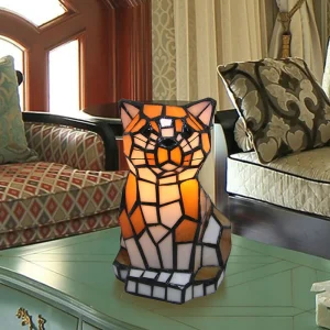 Bruine Kat Tiffany Lamp - Gebrandschilderd Glas Tafellamp met Kleurrijk Ontwerp
