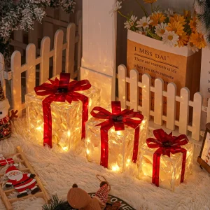 CadeauLicht - Set van 3 Verlichte Kerstcadeaudozen met Rode Strik
