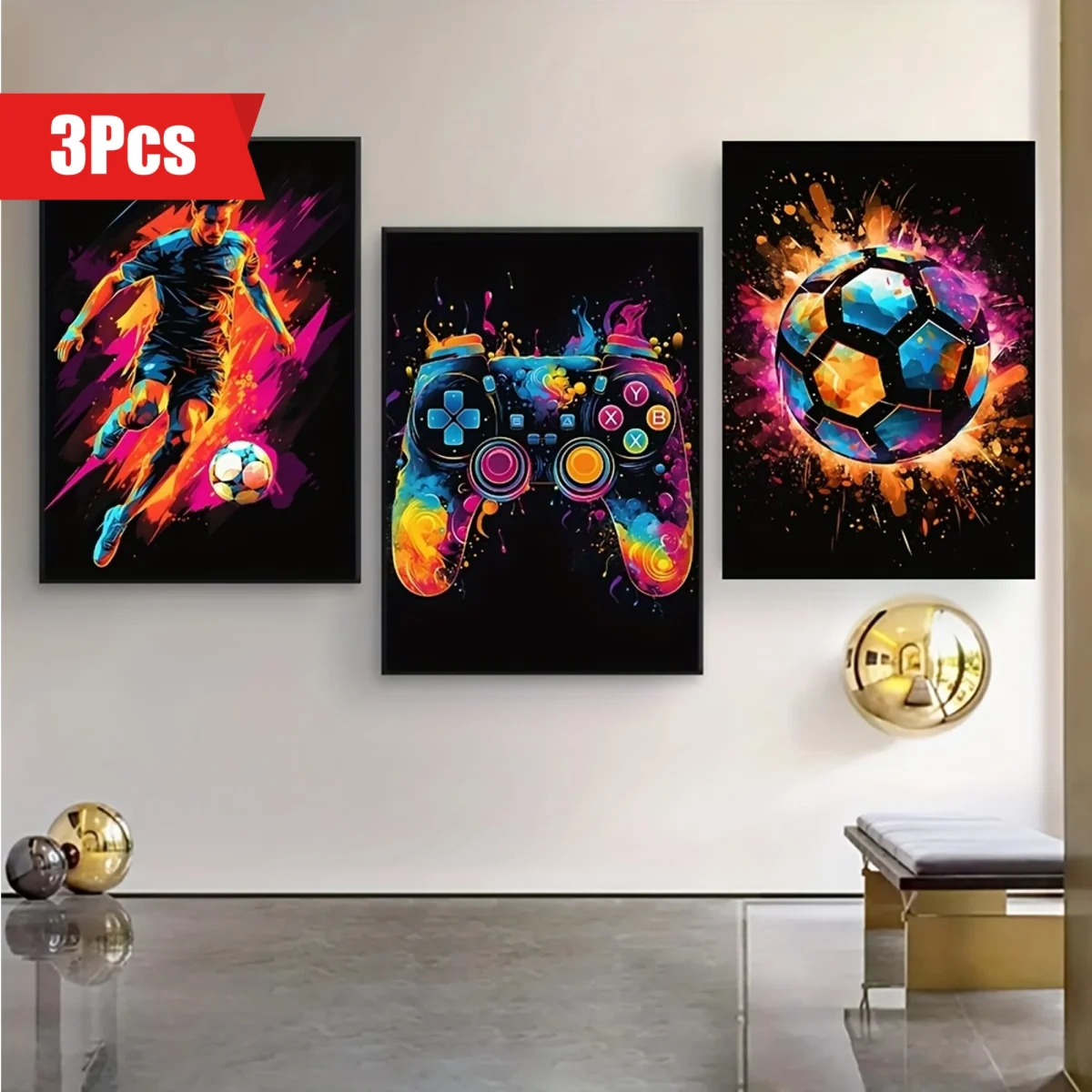 3-delige Canvas Poster Set - Modern Art, Abstract Voetbal Poster, Decoratieve Game Controller Kleurensplash, Wanddecoratie zonder Lijst - Afbeelding 3
