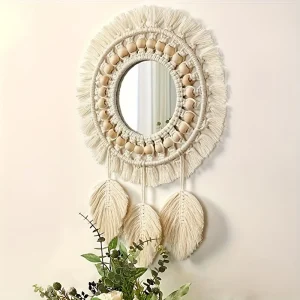 Boho Chic Handgeweven Rattan Wandspiegels met Bladkwastjes – Frameloos en Gepolijste Afwerking