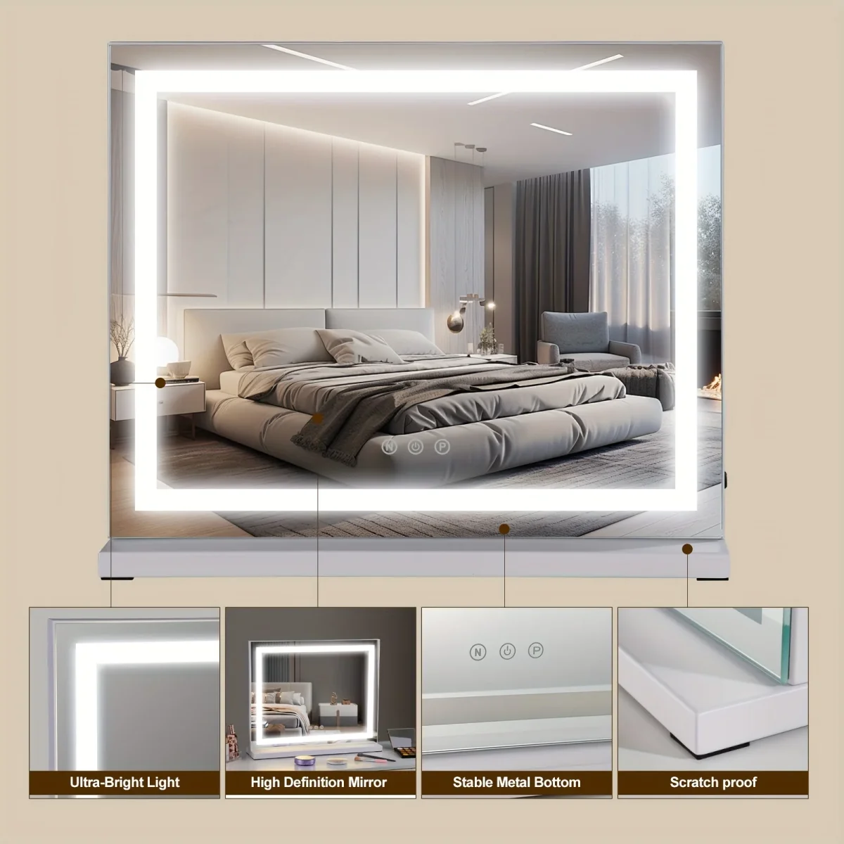 LED Make-up Spiegel – Horizontale Lichtstrip, Slimme Touchbediening, USB-Aangedreven, Draagbare Glowing Spiegel - Afbeelding 7