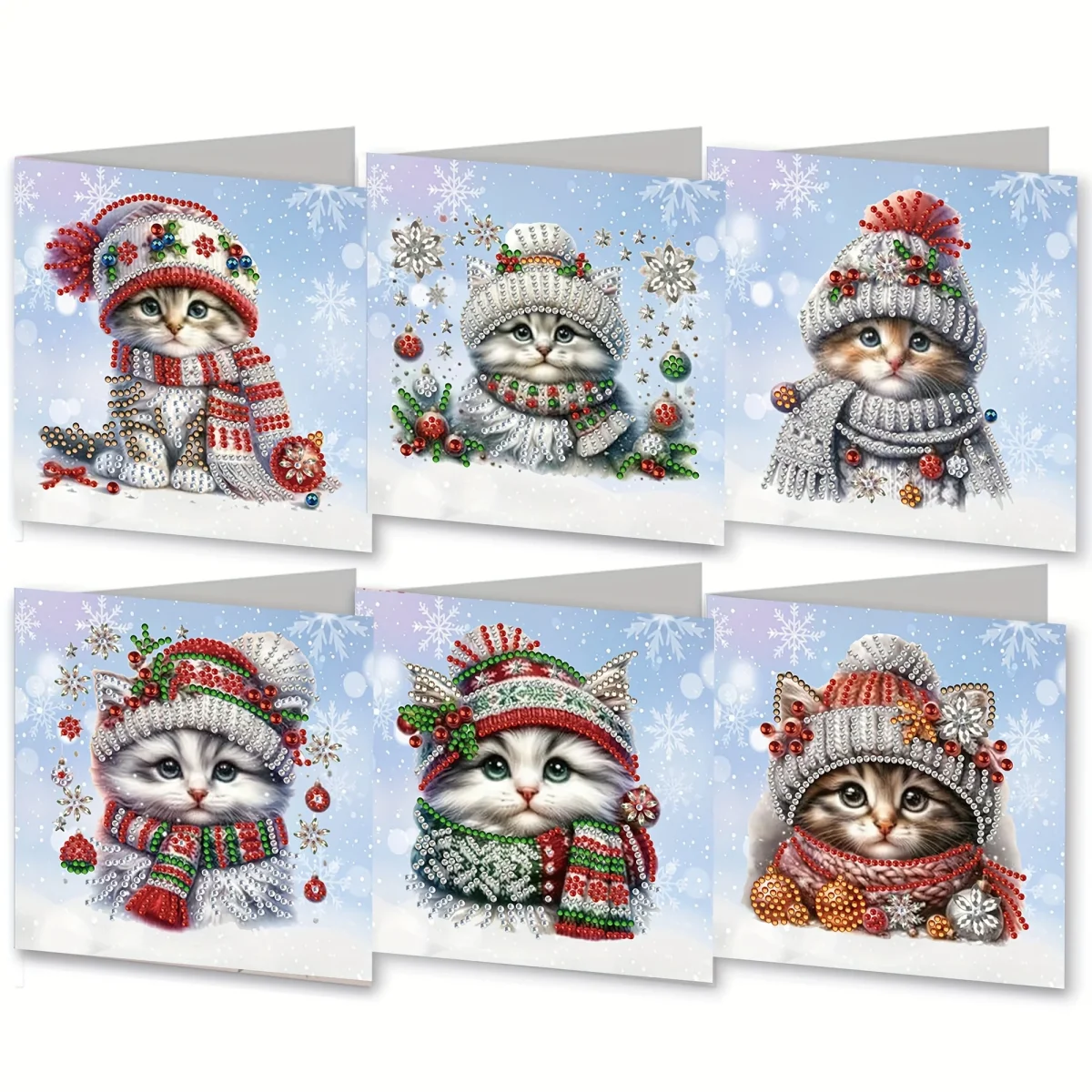 6pcs Diamond Painting Kit - Schattige Kat Kerstkaarten - Afbeelding 6