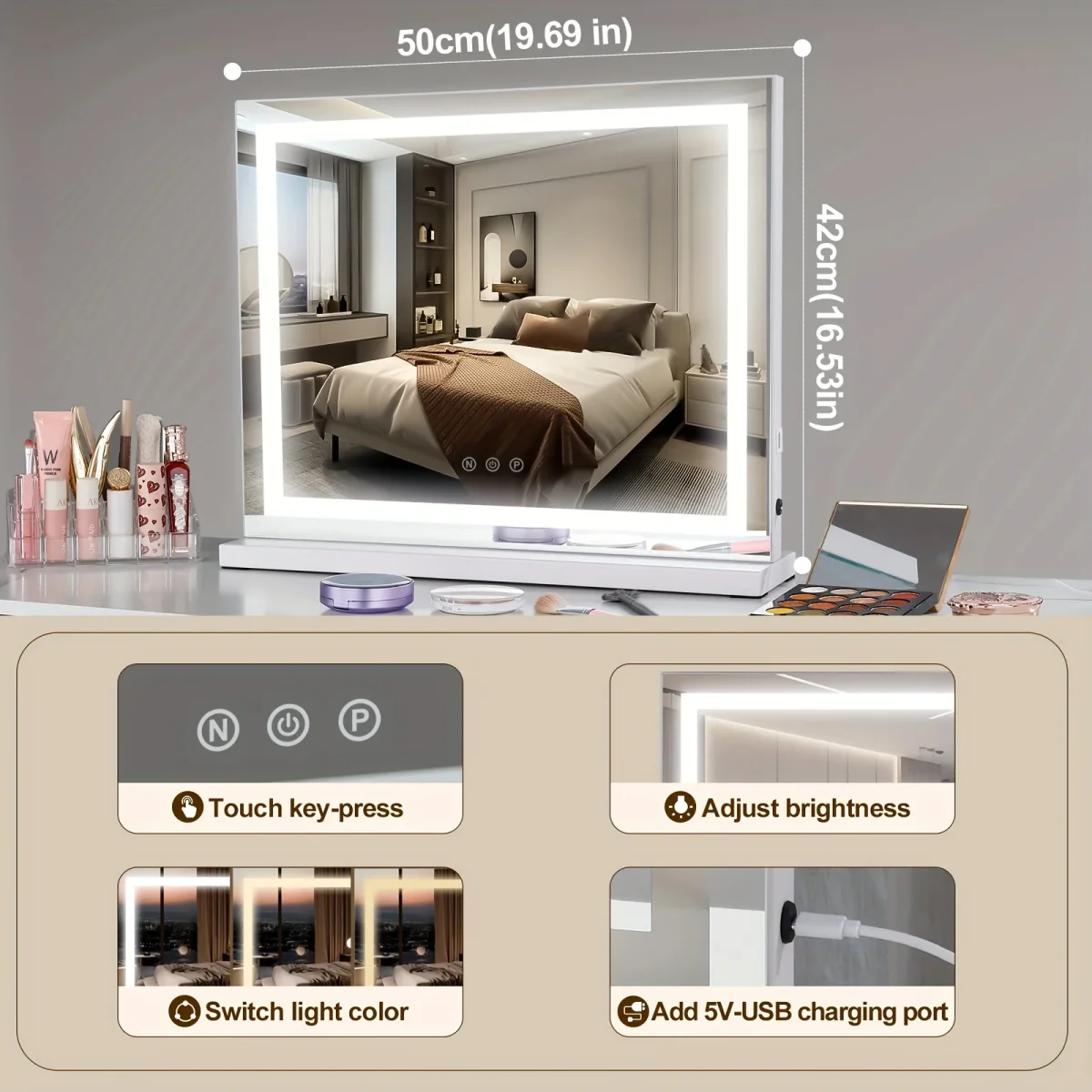 LED Make-up Spiegel – Horizontale Lichtstrip, Slimme Touchbediening, USB-Aangedreven, Draagbare Glowing Spiegel - Afbeelding 3