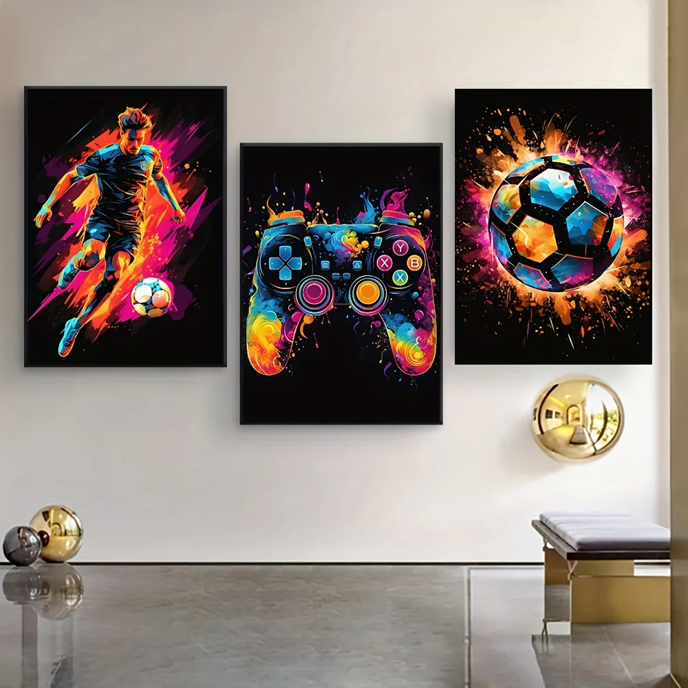 3-delige Canvas Poster Set - Modern Art, Abstract Voetbal Poster, Decoratieve Game Controller Kleurensplash, Wanddecoratie zonder Lijst - Afbeelding 6
