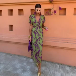 Dames Jurk Zomer Midi V Hals Print Losse Pasvorm