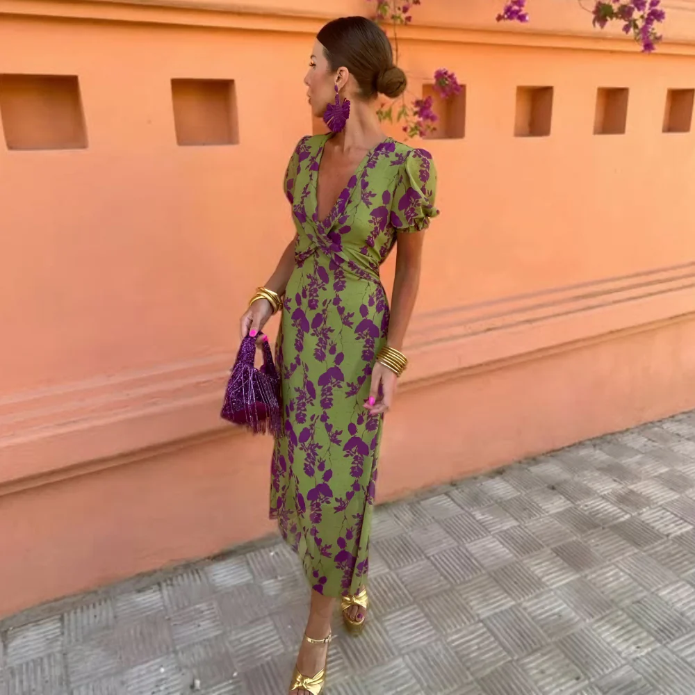 Dames Jurk Zomer Midi V Hals Print Losse Pasvorm - Afbeelding 3