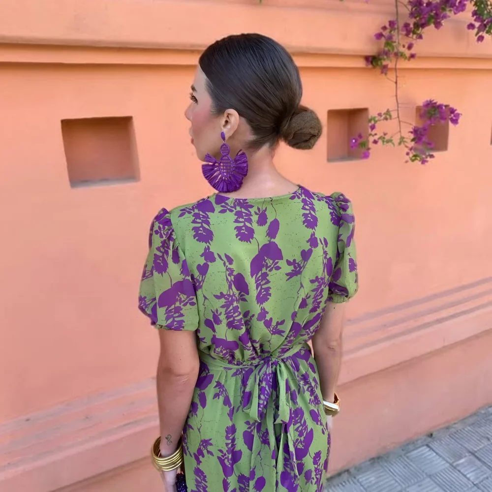 Dames Jurk Zomer Midi V Hals Print Losse Pasvorm - Afbeelding 4