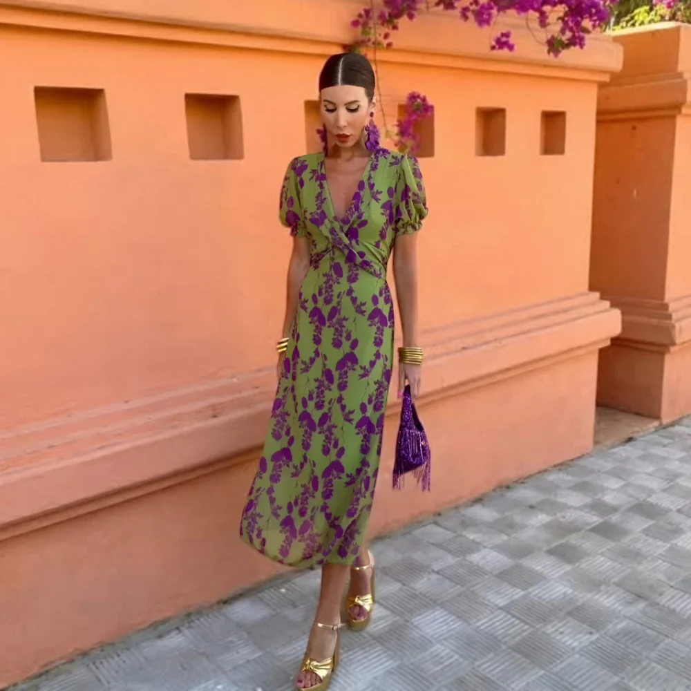 Dames Jurk Zomer Midi V Hals Print Losse Pasvorm - Afbeelding 5