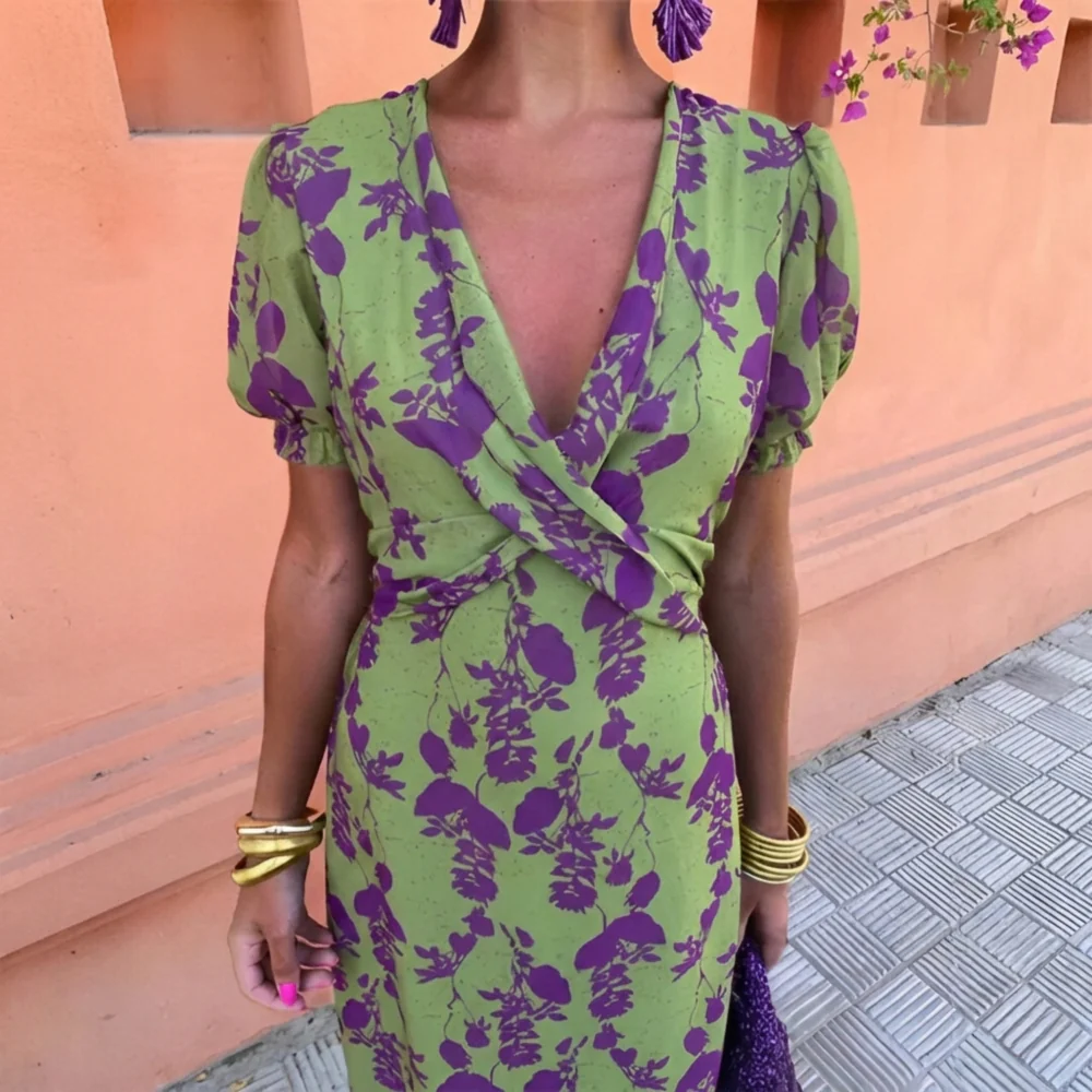 Dames Jurk Zomer Midi V Hals Print Losse Pasvorm - Afbeelding 6