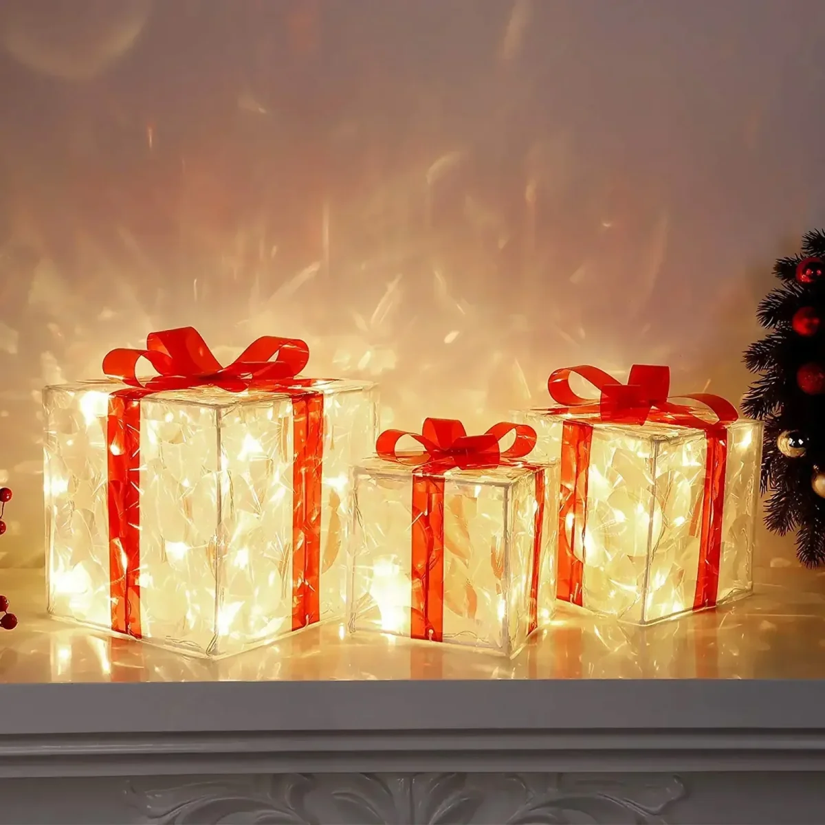 KerstGlans - Verlichte Cadeaudoos Ornament met Strik - Afbeelding 5