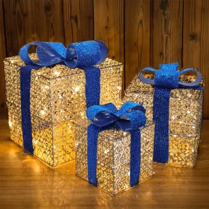 GlowGifts - Set van 3 Verlichte Kerstcadeaudozen met Strikken