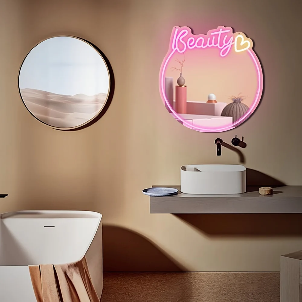 Beauty Neon Spiegel - Wandmontage, USB-Aangedreven Spiegellicht voor Meisjeskamer of Beautysalon - Afbeelding 8