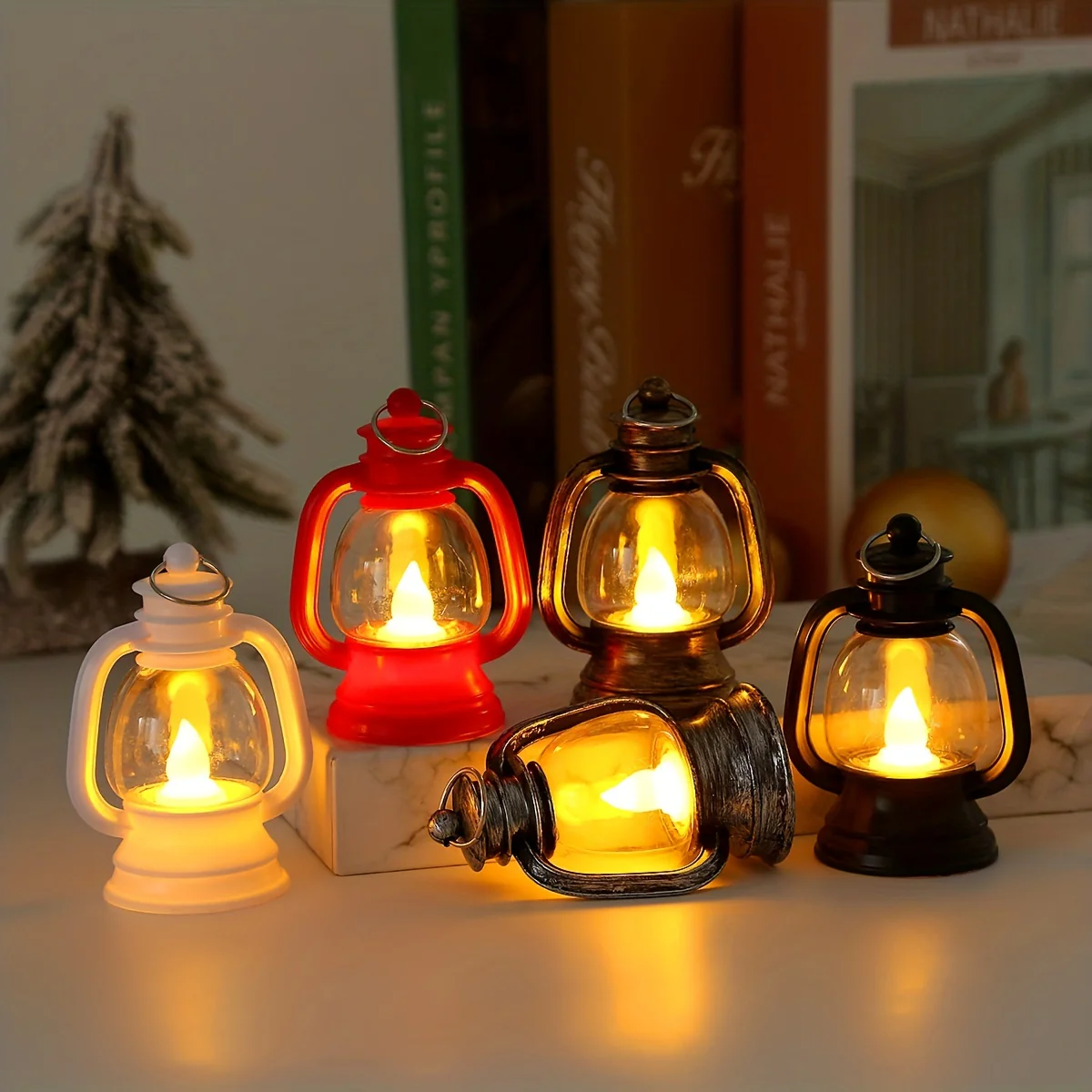 12 stuks Vintage Mini LED Kerstlantaarns - Knipperende Lampjes voor Feestelijke Decoratie - Afbeelding 4