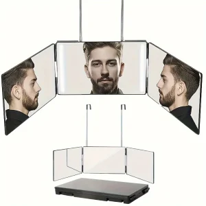360° Draaibare 3-Zijdige Spiegel met Hoogte Verstelling & Haken – Perfect voor DIY Kapsels & Make-up, Geen Batterij Nodig