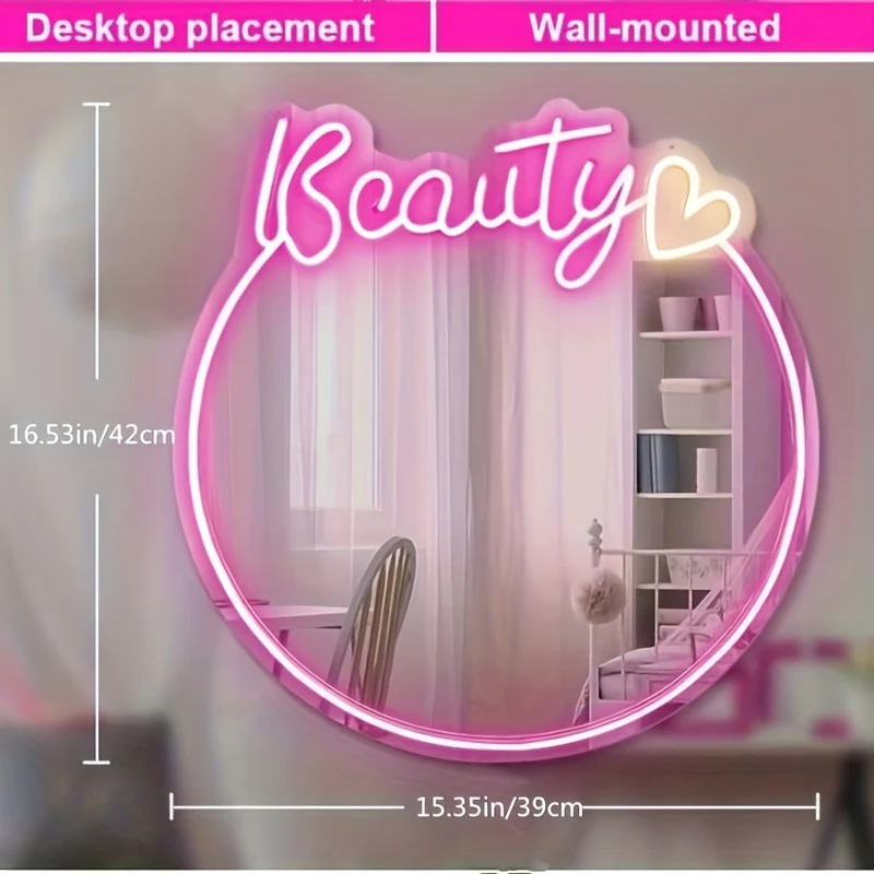 Beauty Neon Spiegel - Wandmontage, USB-Aangedreven Spiegellicht voor Meisjeskamer of Beautysalon - Afbeelding 7