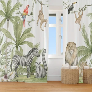 Klassieke Jungle Safari Gordijnen - 2 Stuks Lichtdoorlatend Satijn Polyester met Dierenprint voor Slaapkamer